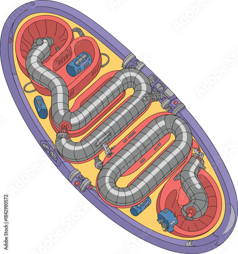 Detailed Illustration of a Futuristic Internal Mechanism with Tubes and Components abstract blueprint