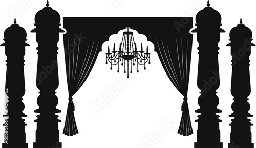Ornate Black Silhouette of Grand Archway with Drapes and Chandelier on White Background vector illustration