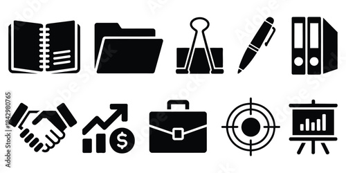Set of black and white stationery icons vector design for business and office use
