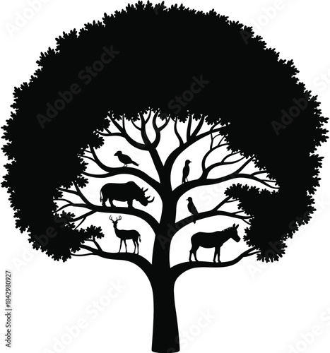 Silhouette of a Large Tree with Various Animals on its Branches wildlife nature