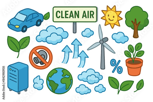 Eco-friendly linear icon set. featuring car, clean air, sun, tree, plant, windmill, cloud, globe, and growth symbols
