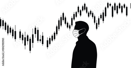 Silhouette of a person wearing a face mask against a backdrop of a black stock market candlestick chart