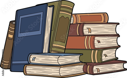 Stack of vintage books with ribbons isolated on transparent background