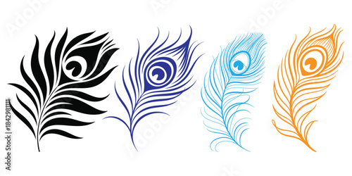 Feather vector illustration set with tribal design silhouette for tattoo art and bird wings decoration