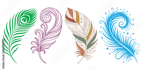 Blue vector illustration of peacock and bird feathers arranged as a decorative set on a white background