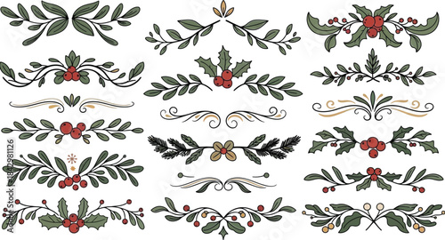 Christmas floral borders and dividers with holly berries and leaves isolated on transparent background