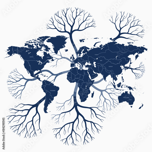 World Map Silhouette with Tree Branches and Roots Symbolizing Global Connections abstract africa