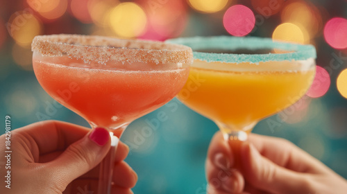 Toasts with colorful rimmed cocktails and bright festive lights