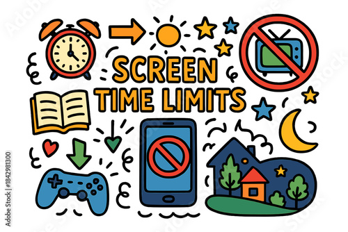 Screen time limits flat icon set. featuring alarm clock, book, game controller, mobile, house