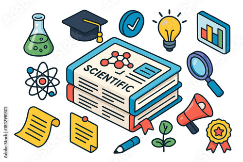 Science and education flat icon set. featuring books, microscope, graph, magnifying glass, atom, test tube