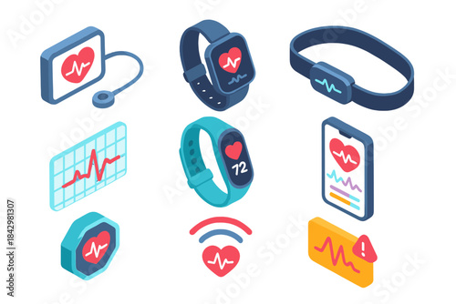 Health monitoring flat icon set. featuring watch, band, heart, smartwatch, app, and medical symbols