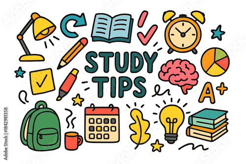 Education and study tips flat icon set. featuring book, pencil, alarm, brain, and backpack symbols
