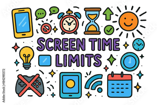 Screen time control flat icon set. featuring smartphone, alarm, hourglass, sun, bulb, gamepad, calendar, and wi-fi symbols