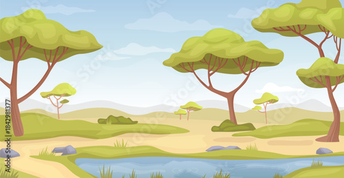 African landscape. Savannah trees. Cartoon nature scene