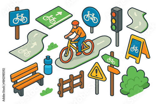 Cycling linear icon set. featuring bike, cyclist, road, lane, park, sign, bench, water, traffic light, path