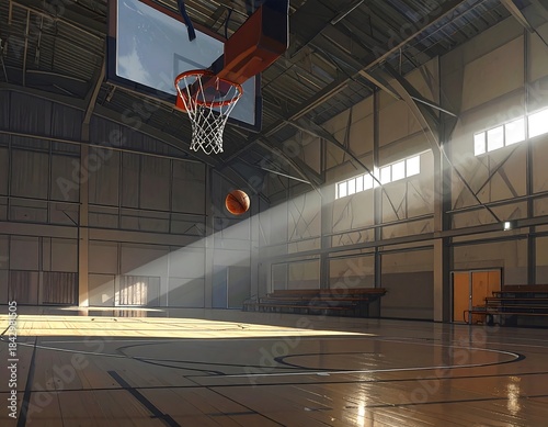 Dramatic basketball court illustration with sun rays illuminating the indoor space