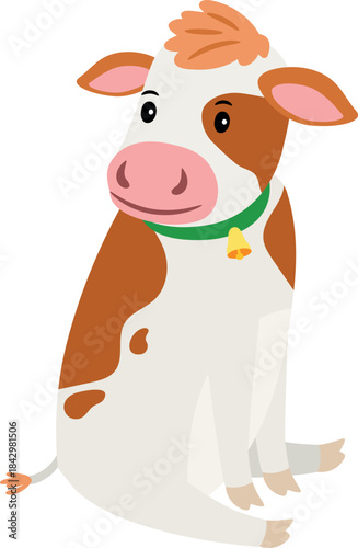 Cow sit. Cute farm animal with golden bell