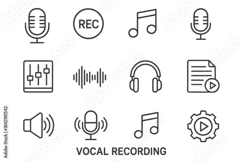 Audio equipment linear icon set. featuring microphone, record, music note, headphones, audio file, and equalizer symbols