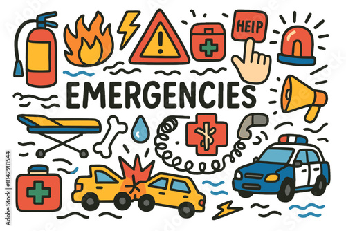 Emergency situations flat icon set. featuring fire extinguisher, ambulance, alarm, police car, first aid kit, warning symbol