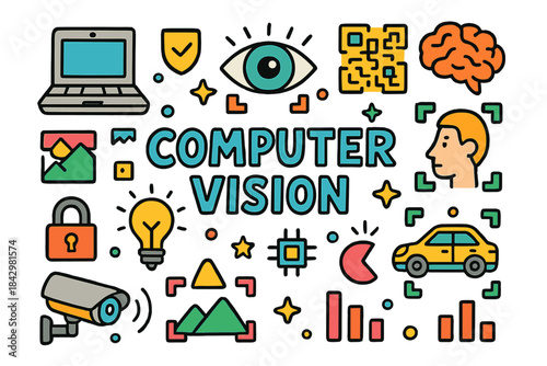 Computer vision flat icons set. featuring laptop, eye, brain, face, car, camera, qr code, and lock.