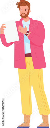 Man hold paper. Work person show document