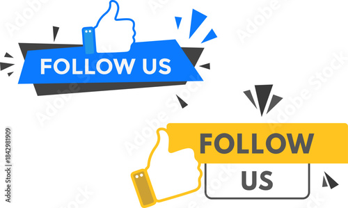 Follow Us Social Media Button Set, Thumbs Up Sticker and Banner Label Collection