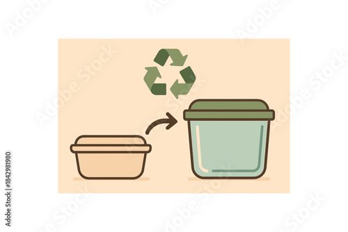 Flat vector illustration of reusable glass takeaway container replacing plastic soft rounded forms clean outline recycling upcycling cozy eco style