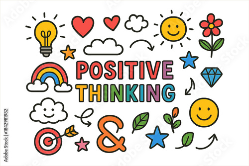 Positive thinking flat icons set. featuring heart, smiley face, rainbow, lightbulb, cloud, flower, and leaf symbols