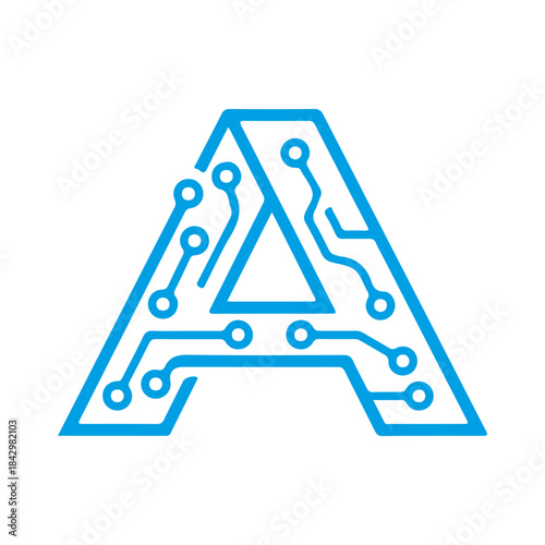 Digital vector icon of the letter 'A' integrated with electronic circuit board lines, symbolizing Artificial Intelligence (AI), technology, and digital logic. Perfect for PNG, JPG, and editable EPS