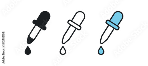 baby medicine dropper icons three dropper with tiny droplet icons one flat solid monochrome one thin black outline black and white one full color flat icon blue and white