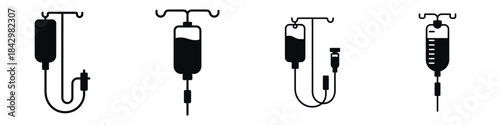 IV Infusion Drip Vector Icons Set – Medical Intravenous Therapy and Blood Transfusion Equipment Silhouette Illustrations for Hospital, Healthcare, and Emergency Treatment Design