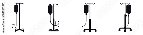IV Stand Vector Icons Set – Intravenous Drip Holder Silhouette Illustrations for Hospital, Medical Equipment, Healthcare, Surgery, and Patient Treatment Design