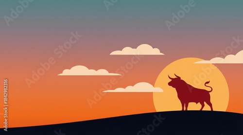 Bull silhouette on hill at sunset sky, bullish market concept illustration