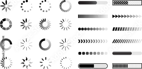 Loading Icons and Progress Bar Vector Set, Buffering Spinners and Download Indicators Collection
