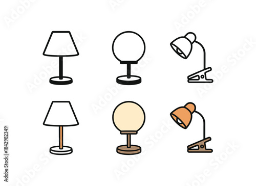 Flat vector illustration bedside lamps cone shade globe shade and tiny clip lamp soft rounded forms clean outline one black and white flat version one outline version one color version cozy