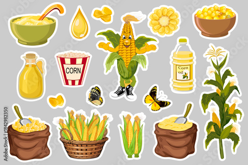 Collection of stickers and decals with corn on a gray background.Large vector collection of corn stickers and decals on a gray background.