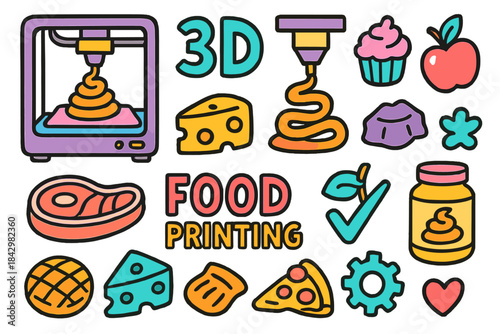 Food printing linear icon set. featuring 3d printer, cheese, cupcake, apple, pie, waffle, and steak symbols