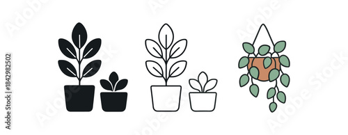 Flat vector illustration plant pots for bedroom windowsill tall plant small plant and hanging plant soft rounded forms clean outline one black and white flat version one outline version one