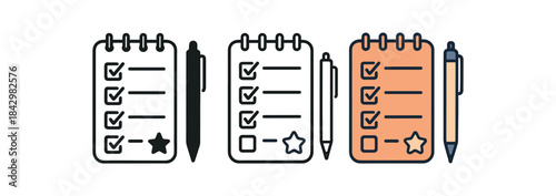 Flat vector illustration bedtime checklists small notepad pen and tiny icon soft rounded forms clean outline one black and white flat version one outline version one color version cozy