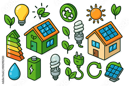 Eco energy flat icon set. featuring solar panel, house, recycle, light bulb, plant, battery, plug, and sun