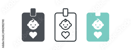 visitor badge icons three simple badge with tiny baby icon and heart icons one flat solid monochrome one thin black outline black and white one full color flat icon white and mint