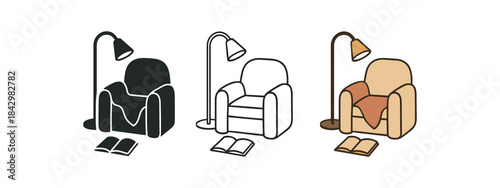 Flat vector illustration cozy reading nooks lamp book and warm blanket soft rounded silhouettes clean outline one black and white flat version one outline version one color version digital