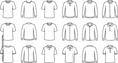 "Shirt Icon Set – T-Shirts, Polo Shirts, Buttoned Shirts, and Casual Wear Vector Designs"