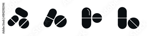 Pills and Capsules Vector Icons Set – Medical Drug and Medicine Silhouette Illustrations for Pharmacy, Healthcare, Hospital, Prescription, and Treatment Design