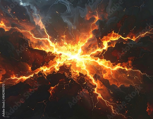 Dramatic fiery explosion with intense light and dark smoky textures design