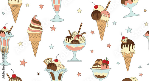 Delicious ice cream cones and sundaes on a white background with a starry pattern.