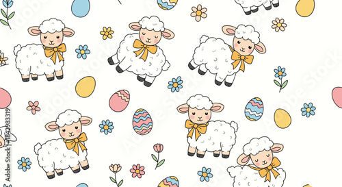A repeating pattern of sheep, easter eggs, and flowers.