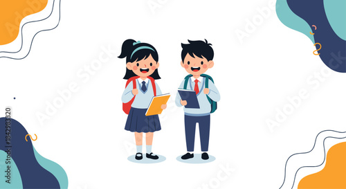 Two smiling students in school uniforms with backpacks and notebooks in hand.