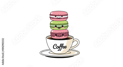A cute coffee cup with stacked macarons on top against a white background.