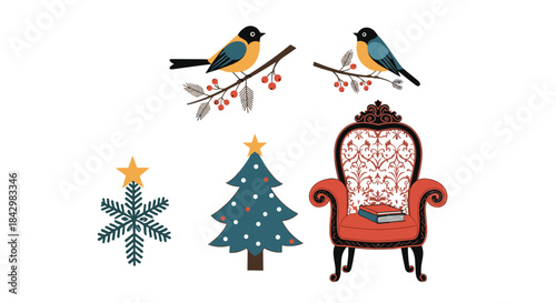 A set of illustrated christmas themed objects including birds, tree, and chair.